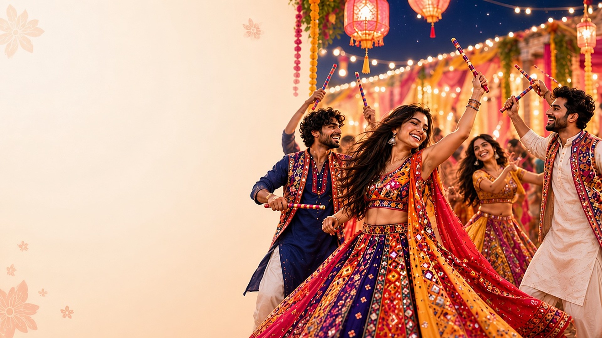 Young people in colourful traditional outfits dancing Dandiya under festive lights